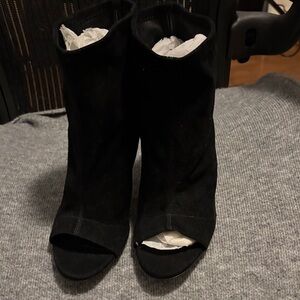 Elegant Black Suede Peep-Toe Heeled Boots - 100% real leather